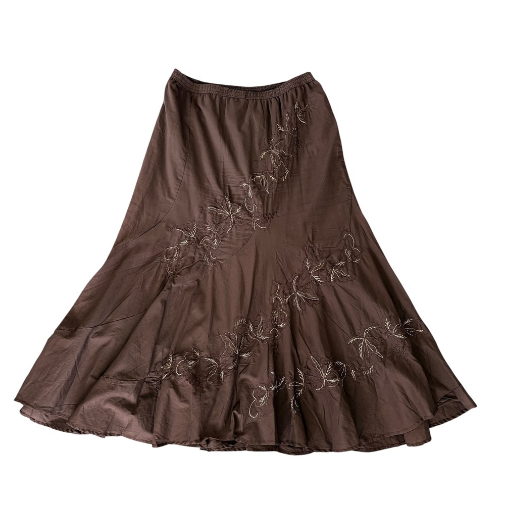 Y2K Whimsigoth Floral Embroidery Paneled Long Skirt Boho M Brown Fairy Grunge